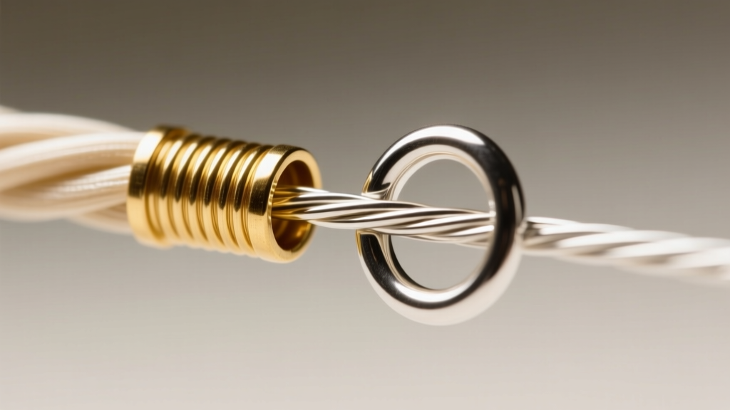 Macro shot of nylon-coated beading wire threading through a 2mm gold-filled crimp tube and a sterling silver wire guardian loop.