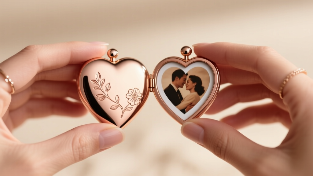 Close-up of hands holding an 18mm rose gold heart locket, inserting a trimmed heart-shaped photo into the right side frame.