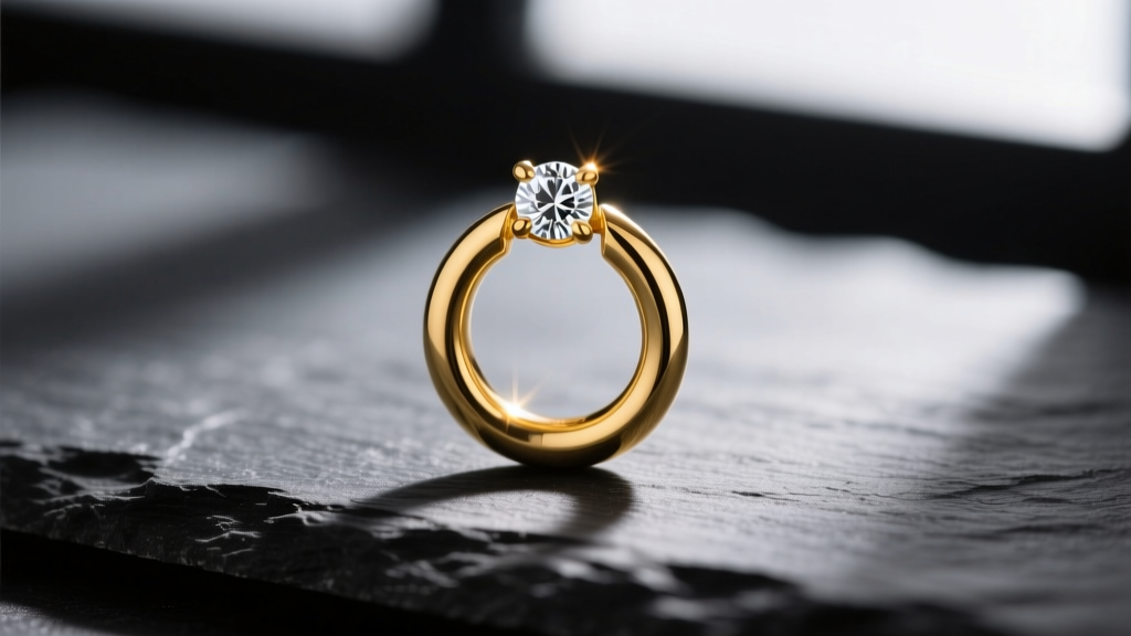 Macro shot of an 18k yellow gold huggie earring with a bezel-set diamond, resting on dark slate with soft directional lighting.