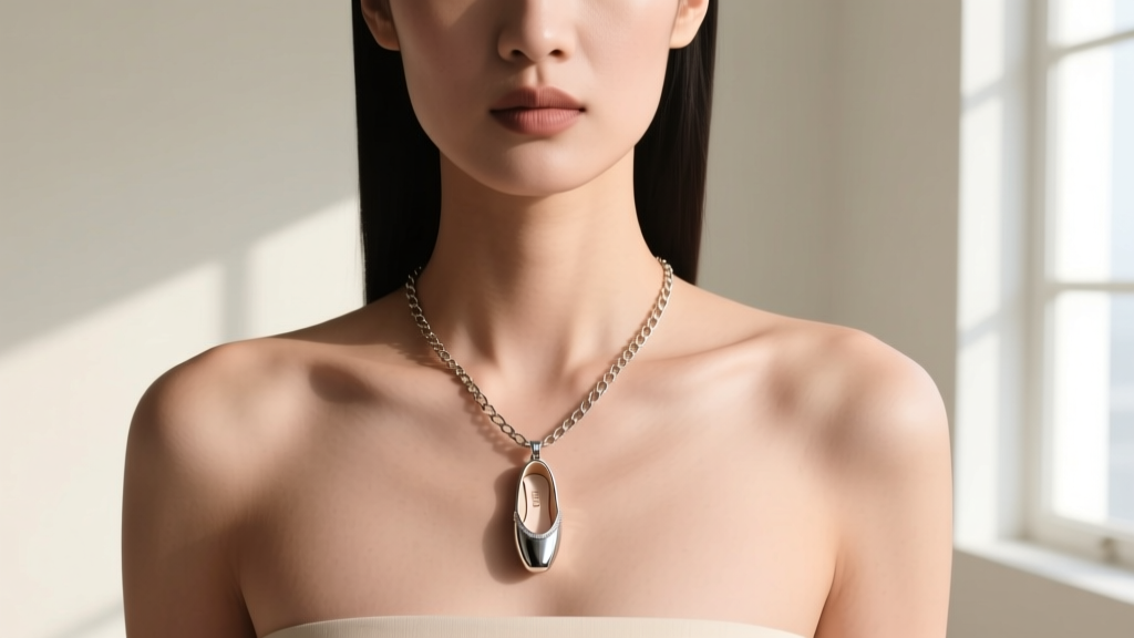 Model wearing a 16-inch box chain with a 12mm ballet slipper pendant, showing the ideal charm placement on the collarbone.