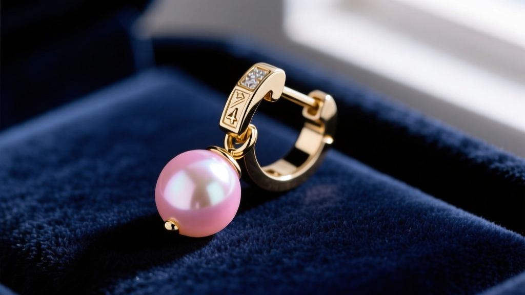 Close-up of a secure 14k white gold leverback clasp on a pink pearl drop earring, resting on a dark velvet jeweler's display tray