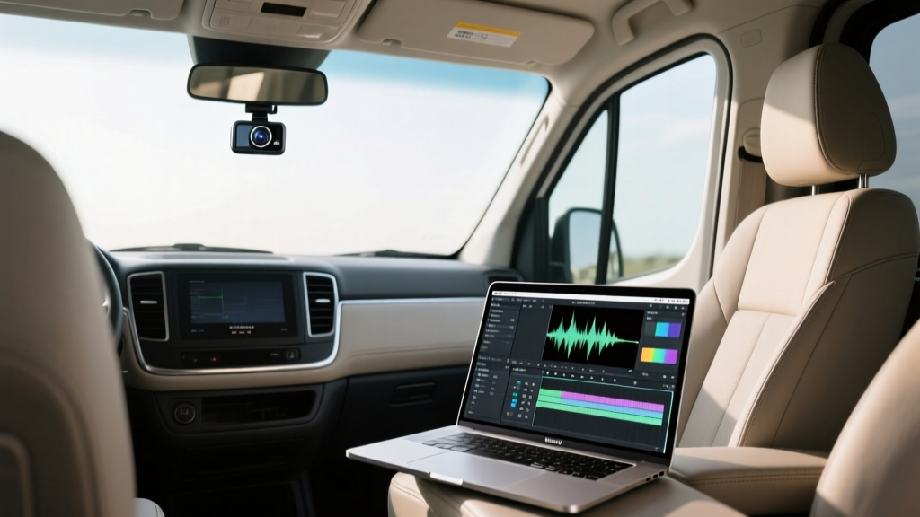 Minimalist Sprinter van interior featuring a tiny Garmin dash cam mounted behind the rearview mirror and an M3 MacBook Pro open on the passenger seat displaying video editing software