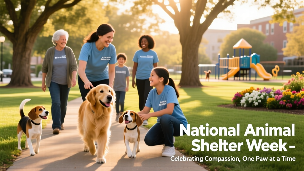 A diverse group of shelter volunteers smiling while walking dogs in a sunny park