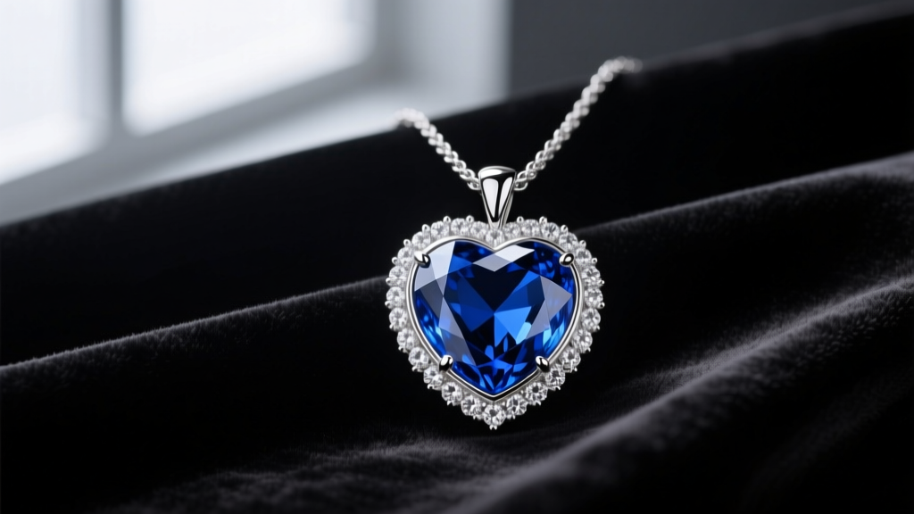 Heavy silver titanic heart necklace pendant with a large blue sapphire and diamond halo resting elegantly on dark velvet fabric