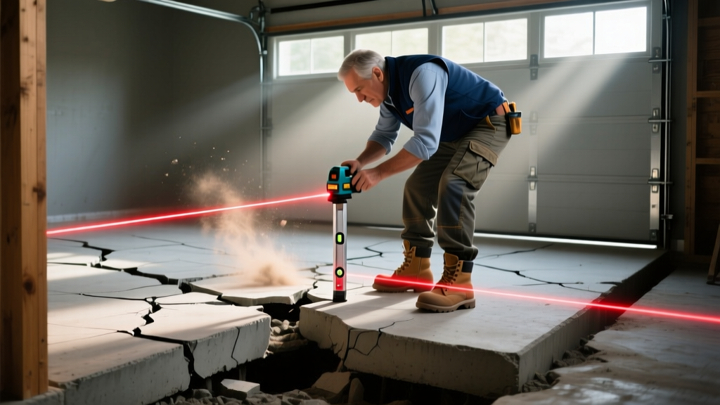 Structural engineer using a laser level to measure differential settlement on a cracked concrete slab foundation in a garage