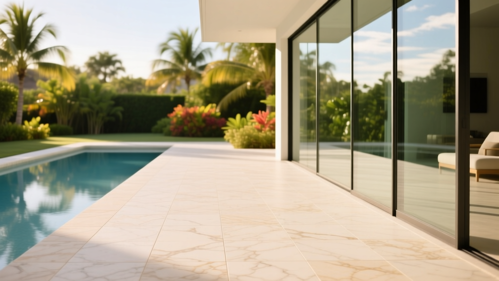 Luxurious pool deck featuring tumbled thin travertine stone veneer pavers in warm ivory tones, bordered by modern glass fencing