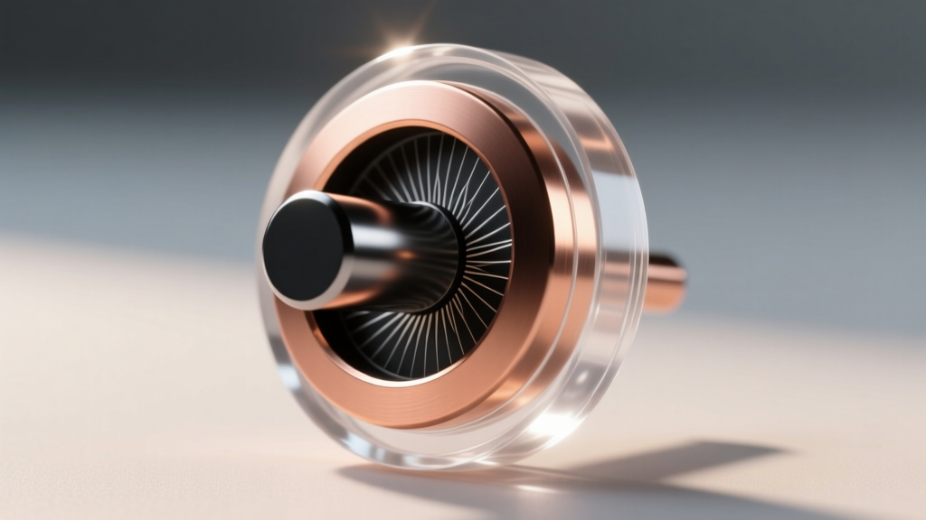 3D render of a neodymium magnetic stud, showing the inner magnet core, copper shield, and a smooth clear epoxy outer coating