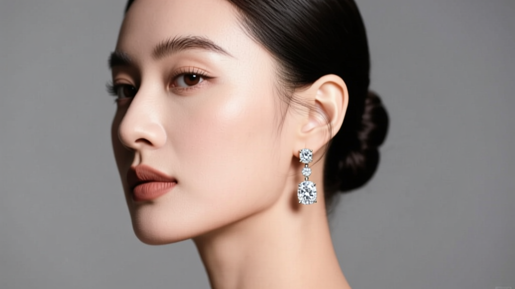 Elegant woman wearing 14k white gold diamond dangle earrings, soft studio lighting highlighting the rhodium finish and her jawline.