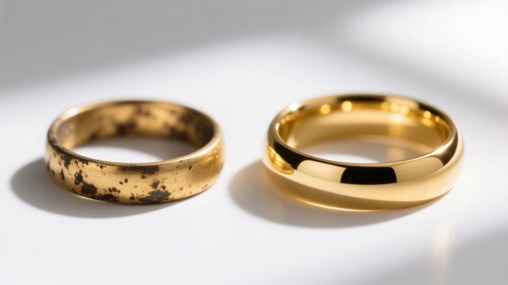 Side-by-side comparison of a dull, tarnished gold-plated ring and a bright, freshly polished gold-plated ring on a white surface.