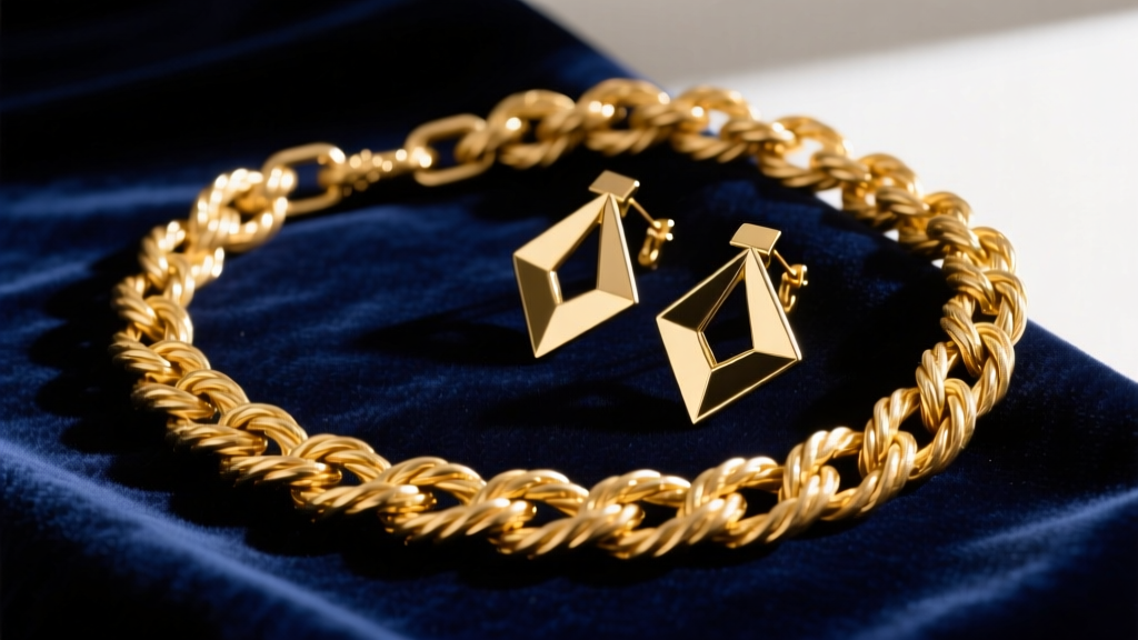 Vintage 1980s chunky gold rope chains and geometric earrings resting on dark velvet, showing high polish and matte textures