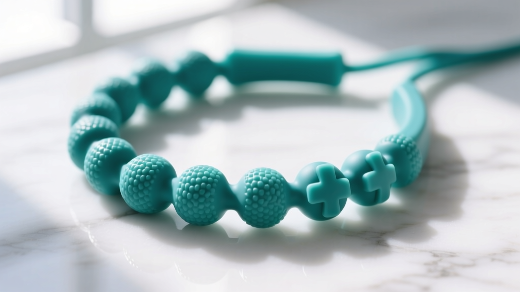 Close-up of a textured teal medical-grade silicone chewable necklace for autism resting on a white marble surface with soft lighting.