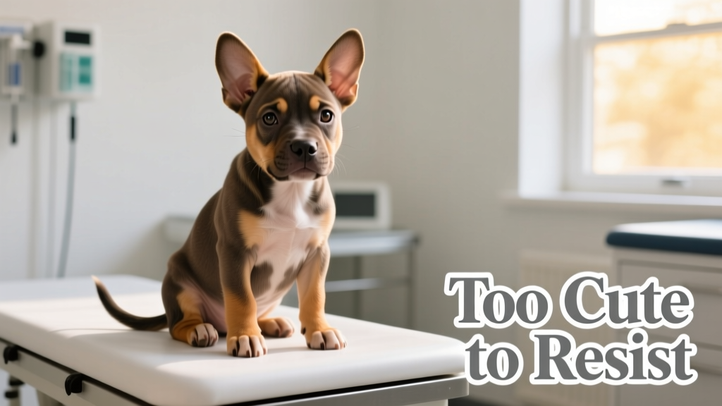 Tiny Pit Bull puppy sitting upright on an exam table, ears perked, looking intensely unimpressed