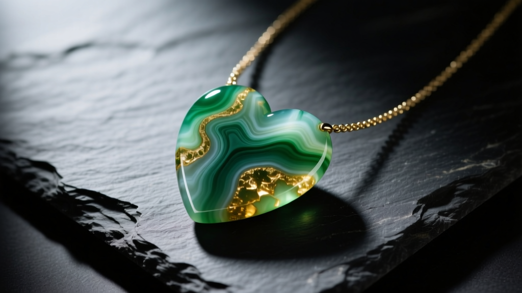 Raw moss agate heart stone necklace on dark slate, lit by moody directional lighting for an editorial jewelry shoot