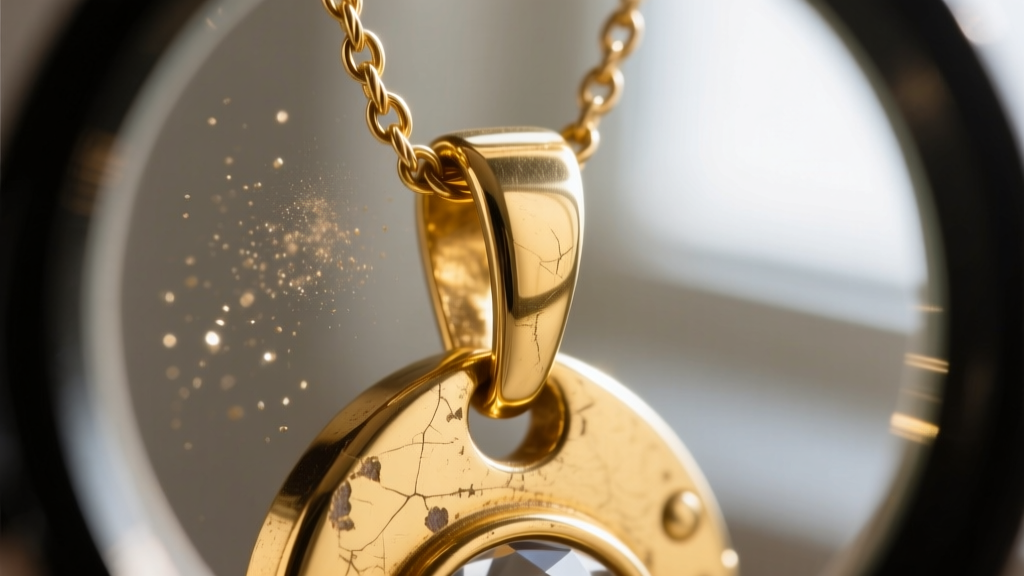 Jeweler's loupe view of a worn 14k gold pendant bail rubbing against a thin cable chain jump ring, showing visible metal friction.