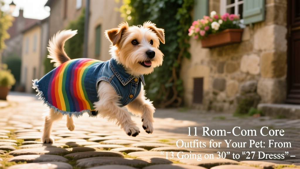 A small terrier mix wearing a rainbow-striped denim dress, mid-stride on a cobblestone path