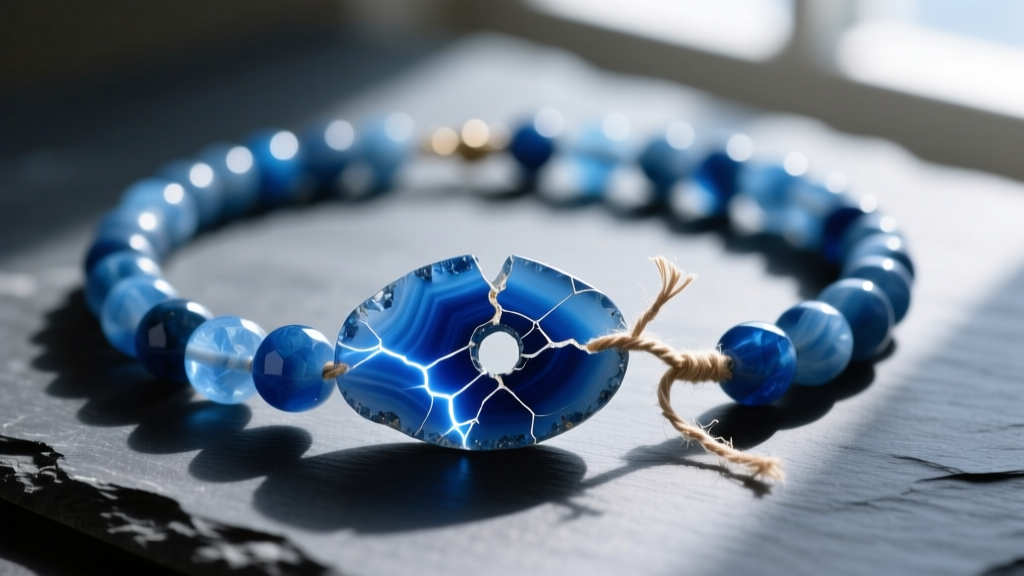 Close-up of a fractured blue lace agate bead necklace with frayed silk thread emerging from a drill hole, resting on dark slate.