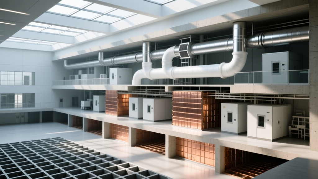 Architectural cross-section of a research facility showing isolated waffle slab foundations, copper EMI shielding, and cleanroom HVAC ducts