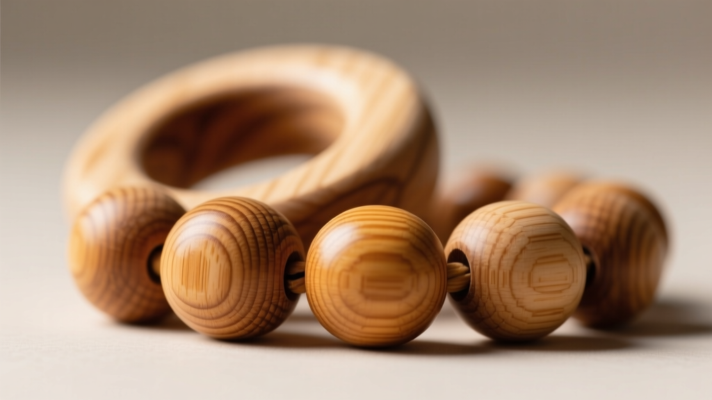 Close-up of untreated hard maple wooden teething rings and beads showing tight wood grain, sealed with natural beeswax finish