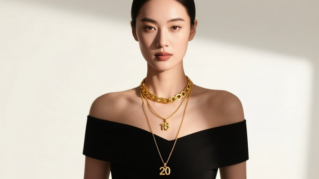 Woman in a black off-shoulder dress wearing layered 16-inch and 20-inch 18k gold pendant necklaces in soft studio light.