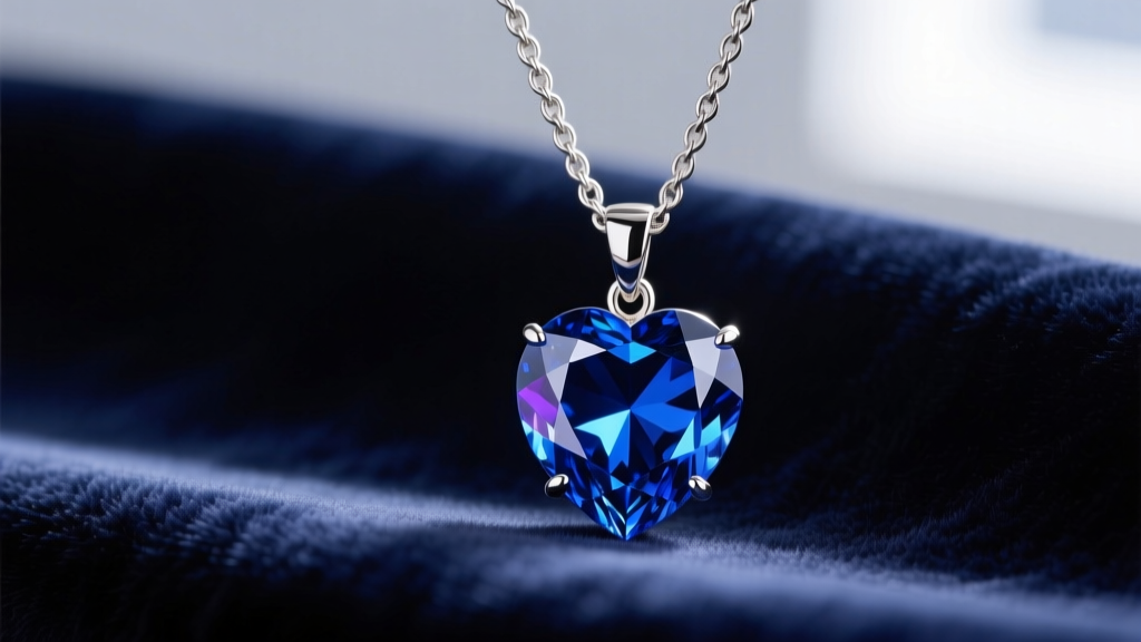 Macro shot of a heart-cut Ceylon sapphire pendant on a platinum wheat chain resting on dark navy velvet fabric