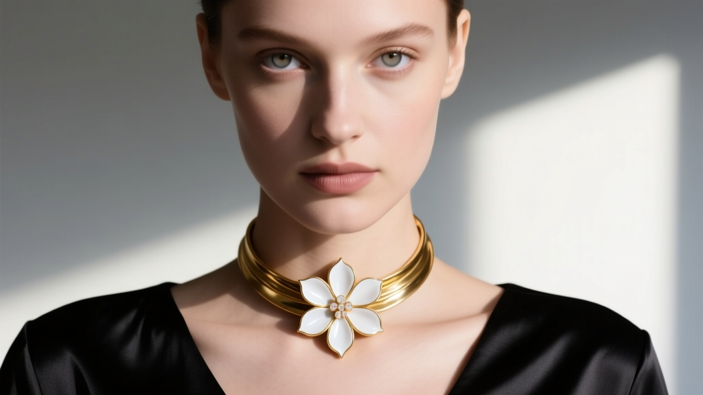 Close-up of a model wearing a gold-plated choker flower necklace with white enamel petals against a dark silk top