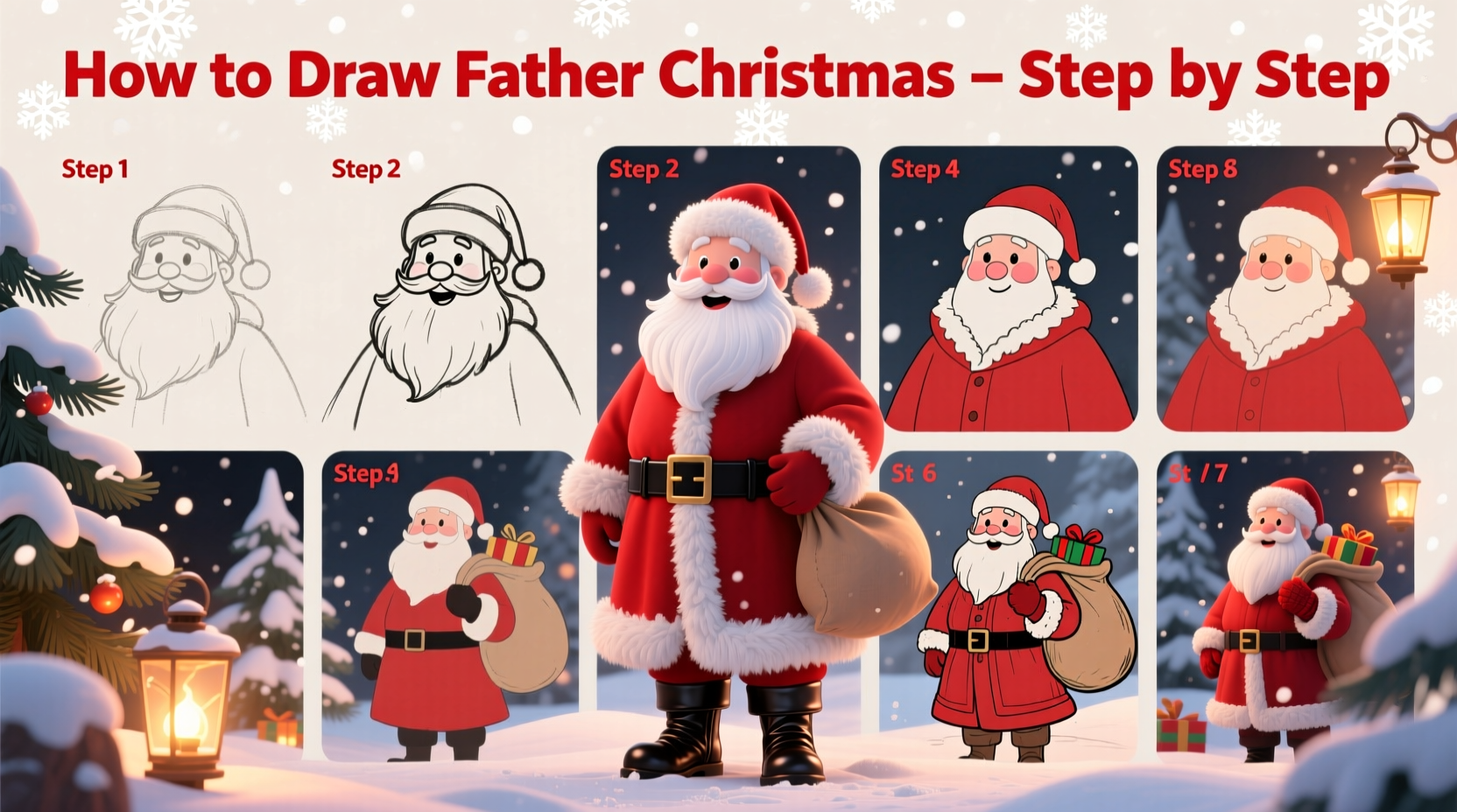 how to draw father christmas step by step