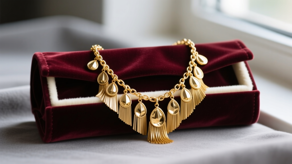 Gold fringe necklace in a velvet jewelry roll, with individual metal drops carefully smoothed out and secured by soft felt lining