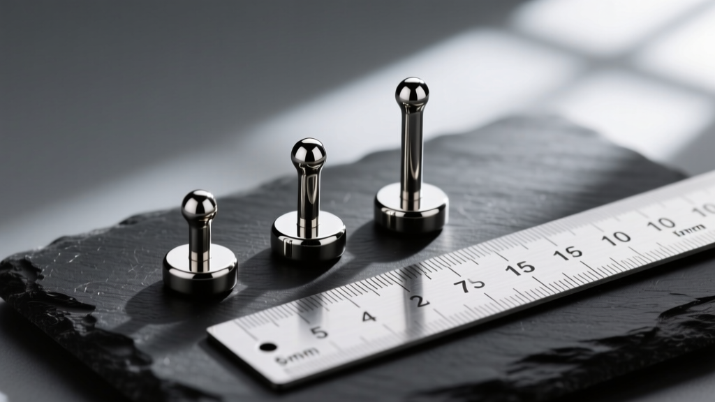 Close-up of three titanium flat back labrets in varying post lengths from 5mm to 10mm on dark slate next to a small metal ruler