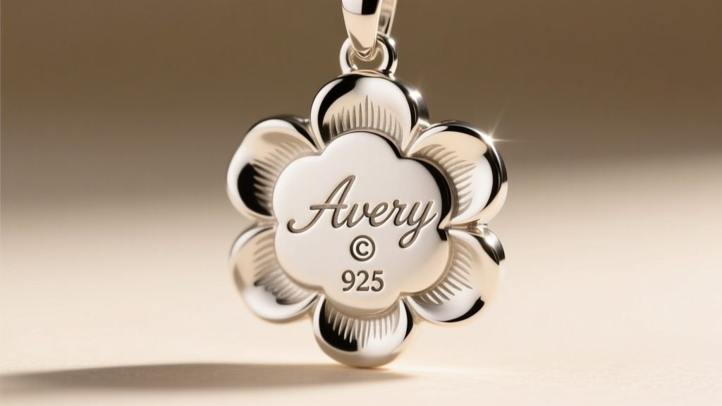 Extreme close-up of the back of a silver floral pendant showing the stamped cursive Avery hallmark, copyright symbol, and 925.