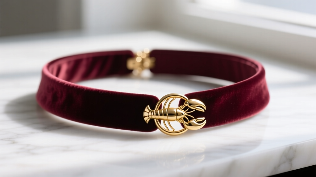 Close-up of a deep burgundy silk velvet fabric choker necklace fastened with a gold-plated lobster clasp, resting on white marble.