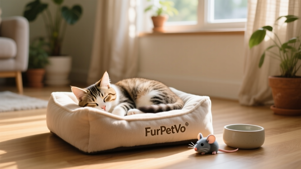 A happy, relaxed kitten curled up asleep on a FurPetVo-branded cat bed beside a small toy and water bowl