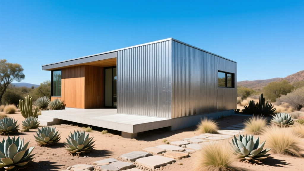 Compact modern small home with vertical metal siding and concrete slab foundation, surrounded by native landscaping under bright blue sky