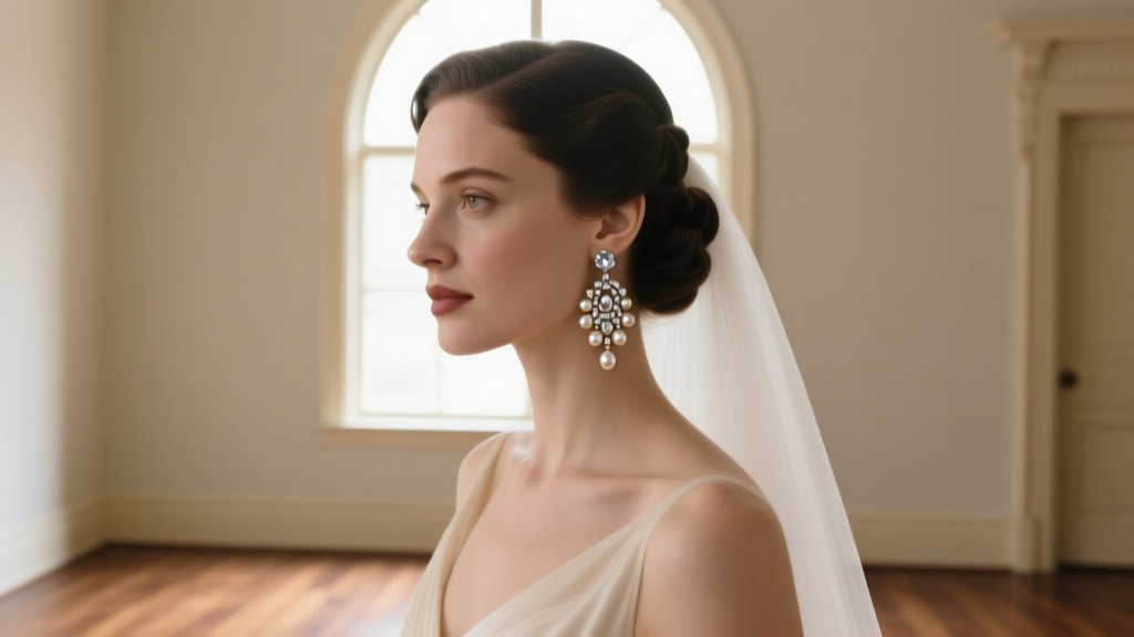 Bride wearing delicate 1930s unsigned Miriam Haskell drop earrings with seed pearls and clear rhinestones in soft natural light