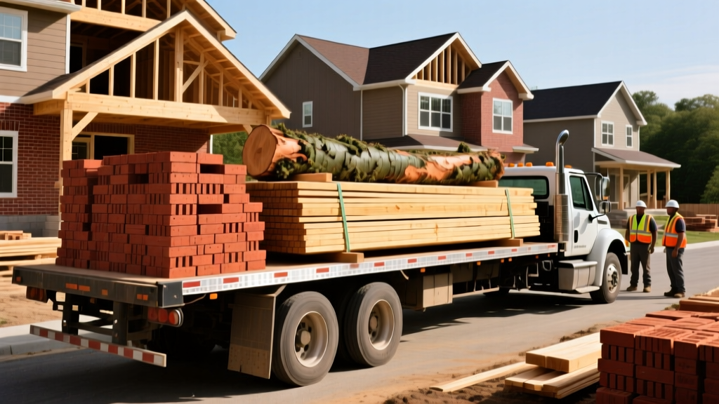 Flatbed truck delivering Douglas Fir lumber and historic-grade red clay brick to a residential construction site in Hyde Park