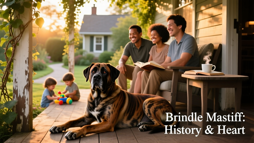 A smiling family sitting beside their relaxed Brindle Mastiff on a shaded porch, illustrating calm companionship and everyday life