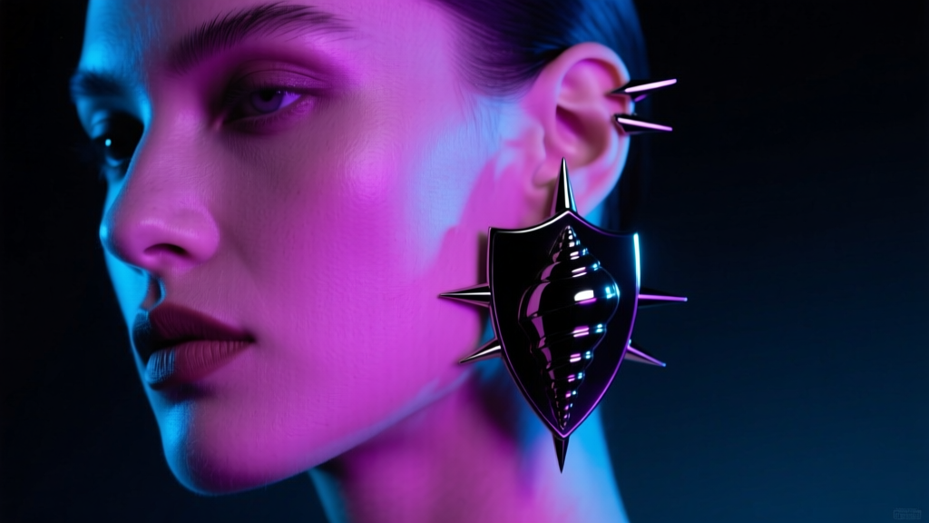 Black PVD titanium ear chains, spikes, and a conch shield on a model, illuminated by moody neon purple and blue stage lighting