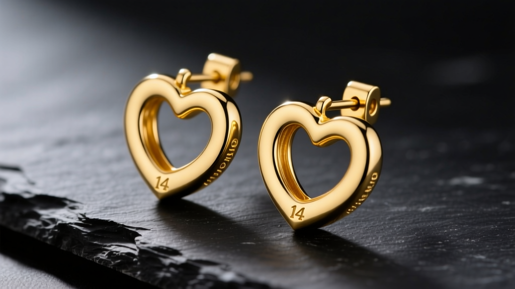 Macro shot of solid 14k yellow gold heart hoops earrings on dark slate, highlighting the seamless clicker hinge mechanism
