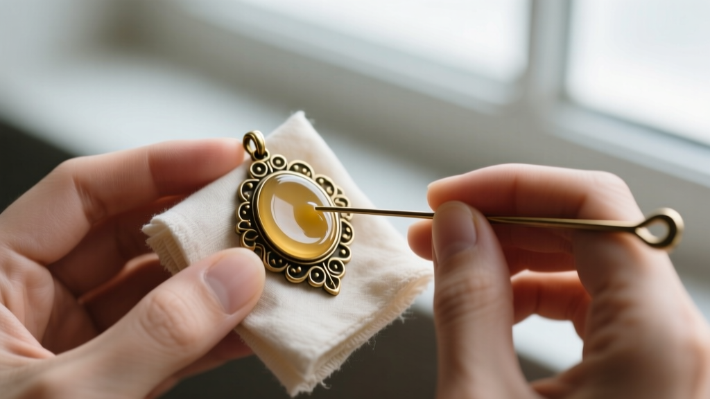 Hands applying a thin layer of microcrystalline conservation wax onto a metal bobby pin pendant using a soft lint-free cloth.
