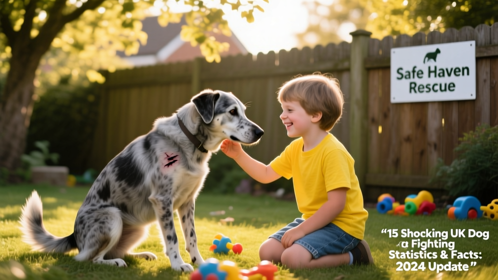 A hopeful image of a once-traumatised dog playing gently with a child in a supervised, safe outdoor setting — symbolising recovery and trust