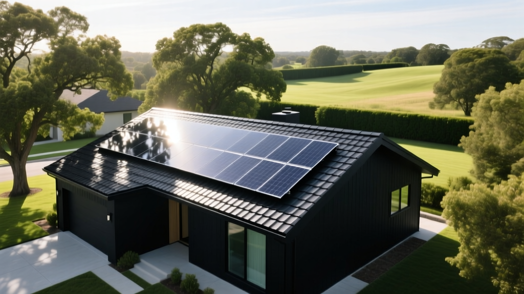Aerial view of a modern suburban home featuring a sleek black solar shingle roof blending seamlessly with surrounding mature oak trees