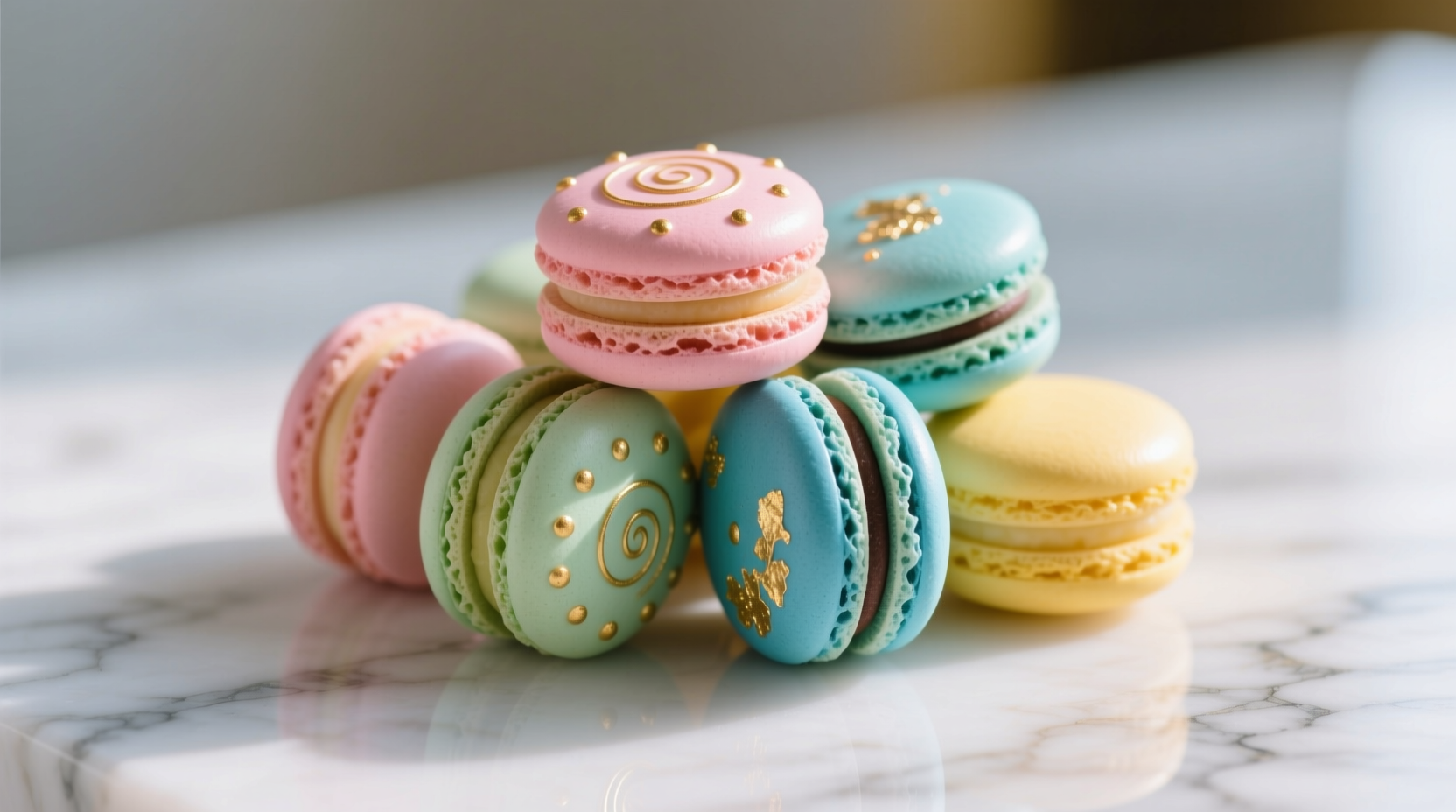 Close-up of colorful French macarons on a marble surface