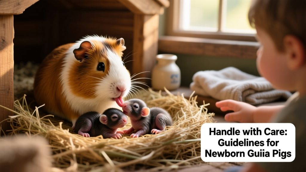 Mother guinea pig gently grooming her newborn pups in a cozy nesting area