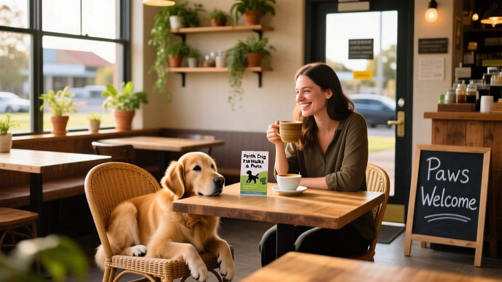 A cozy, dog-friendly cafe interior with wooden tables, plants, and a golden retriever resting beside a chair while its owner enjoys coffee