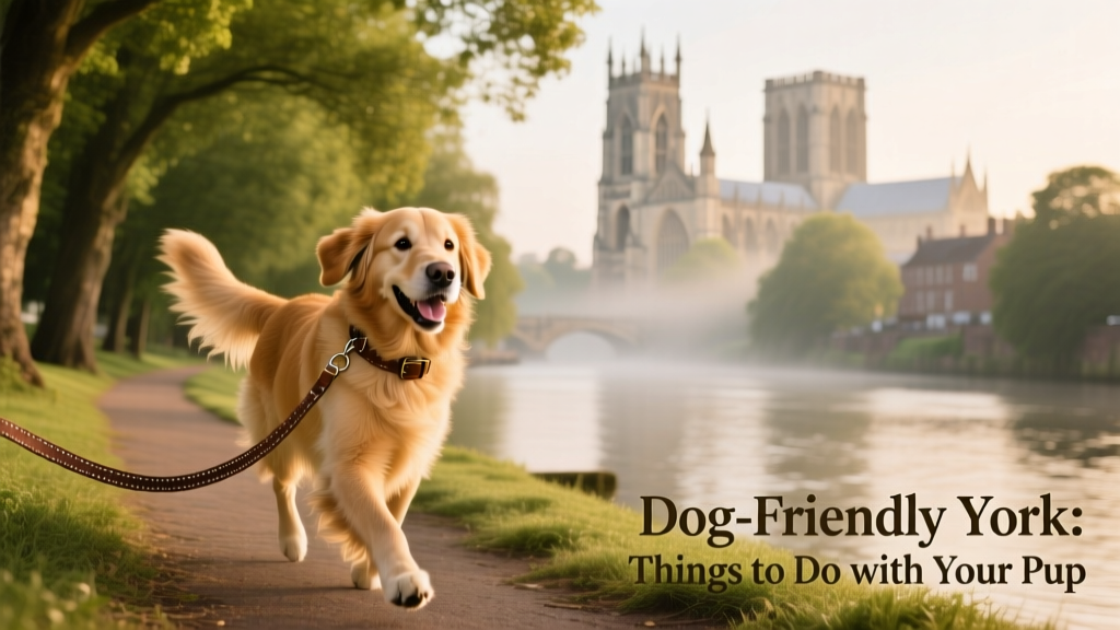 A golden retriever happily walking along a tree-lined path beside the River Ouse, with York Minster visible in the distance