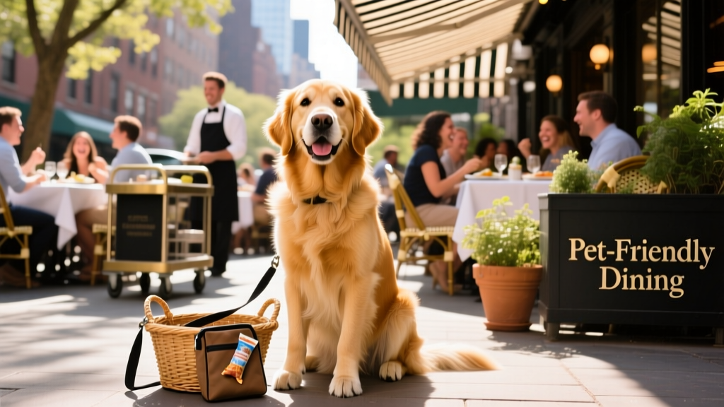 A happy dog sitting on a sunny outdoor patio at a bustling NYC restaurant, with people dining nearby