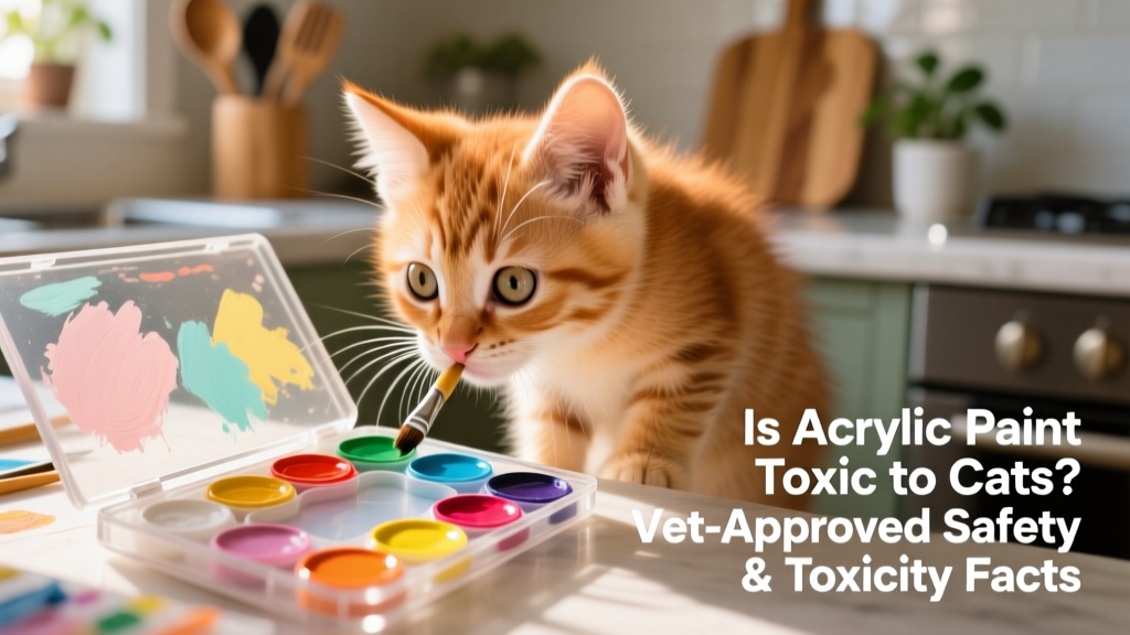 Close-up of a curious kitten sniffing at an open acrylic paint palette with non-toxic, child-safe paints