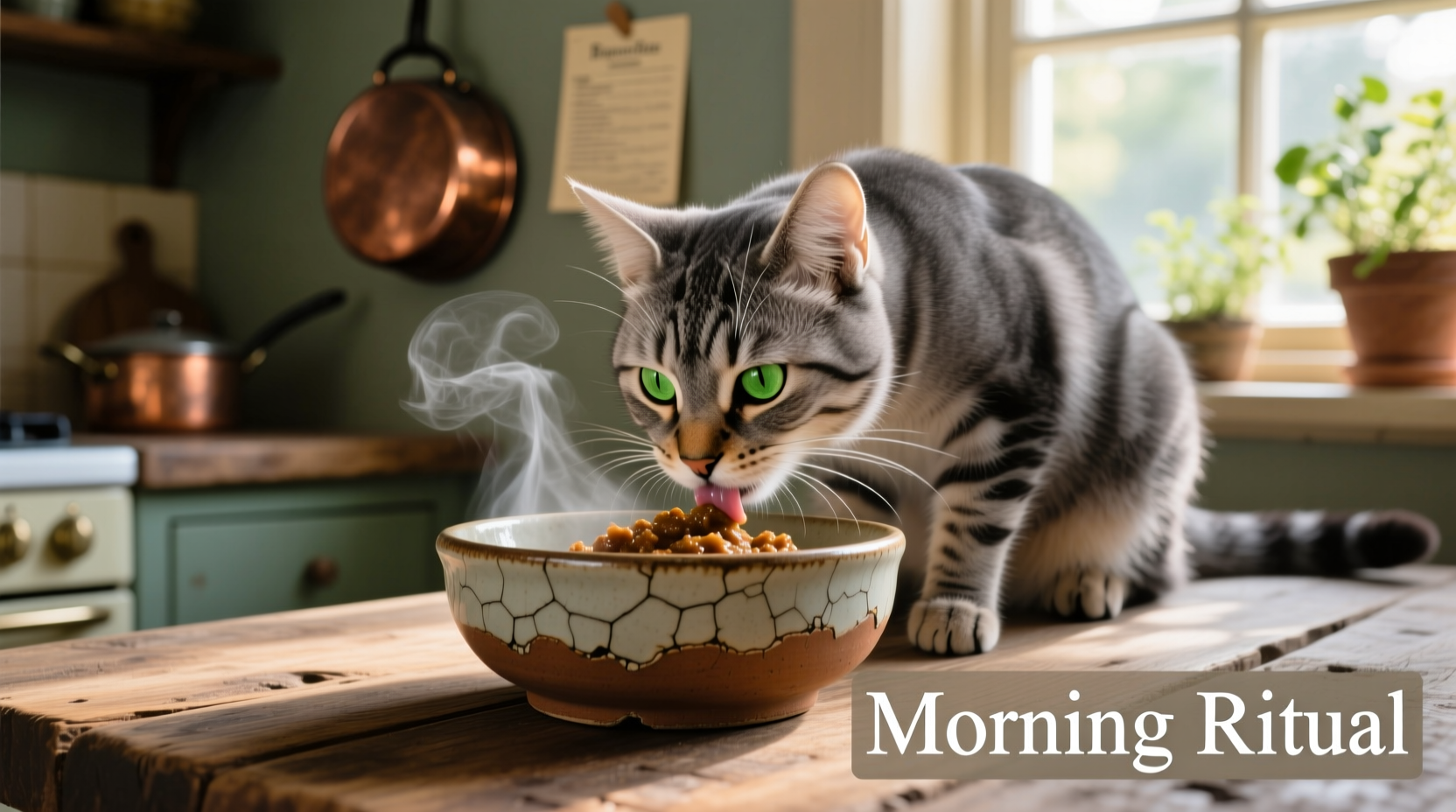 Cat eating wet food from ceramic bowl