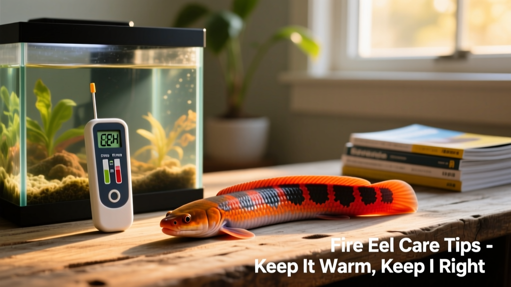 Aquarium test kit showing pH and temperature readings next to a fire eel tank