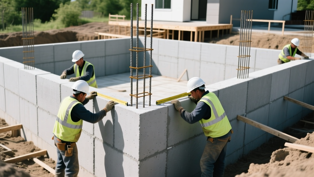 Workers aligning gray polystyrene ICF blocks with steel rebar protruding from top channels on a residential foundation site