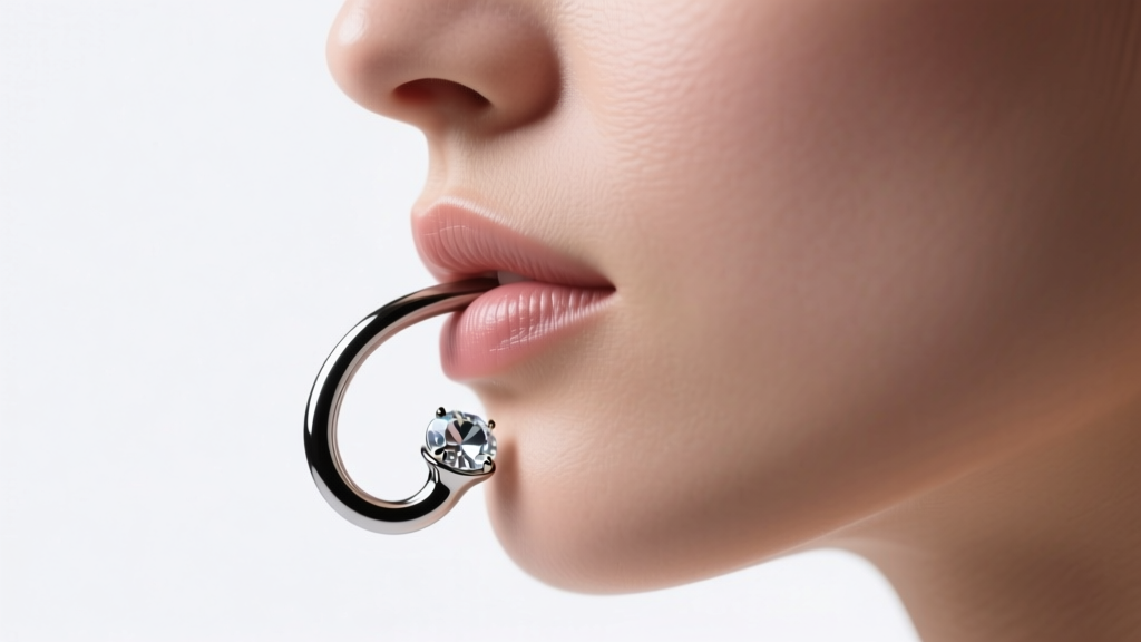 Medical illustration of a VCH curved barbell with the bottom gem resting gently against the clitoral glans in a clear side profile